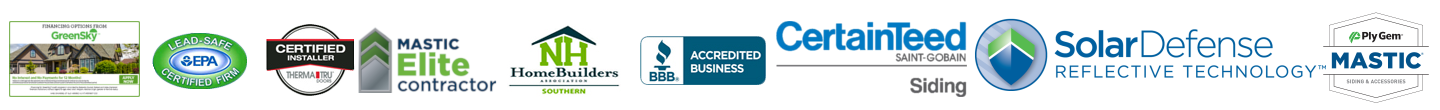 logos - GreenSky, EPA, ThermaTru certified installer, mastic elite contractor, NH homebuilders association souther, BBB accredited business, CertainTeed