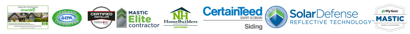 logos - GreenSky, EPA, ThermaTru certified installer, mastic elite contractor, NH homebuilders association souther, CertainTeed