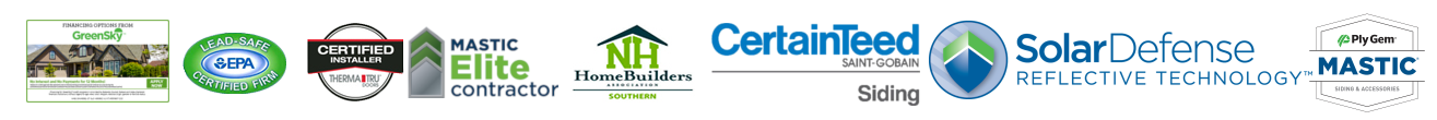 Logos- GreenSky, Epa, ThermaTru Certified Installer, Mastic Elite Contractor, Nh Homebuilders Association Southern, CertainTeed, Solar Defense Reflective Technology, Ply Gem Mastic